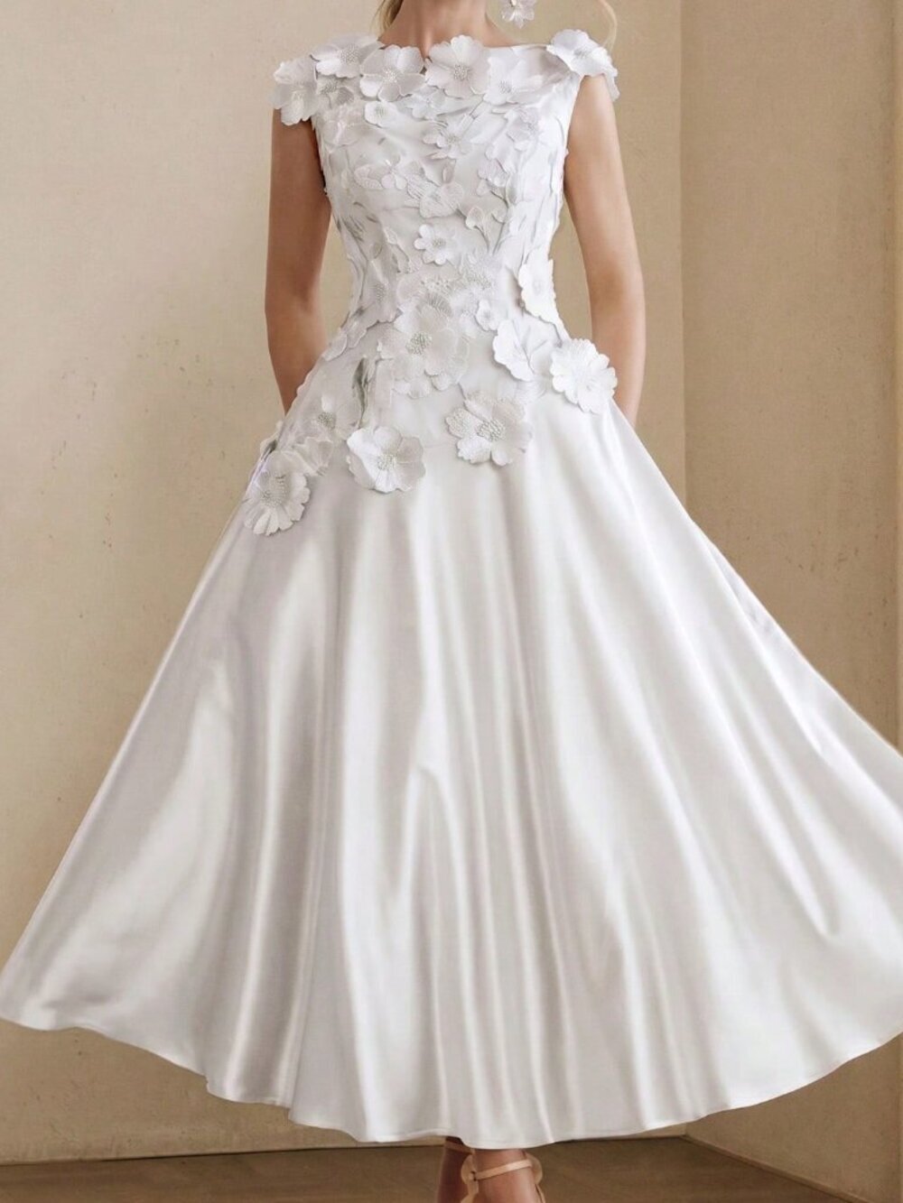 White Classic Women's A-Line Dress with Floral Detail, Round Neck